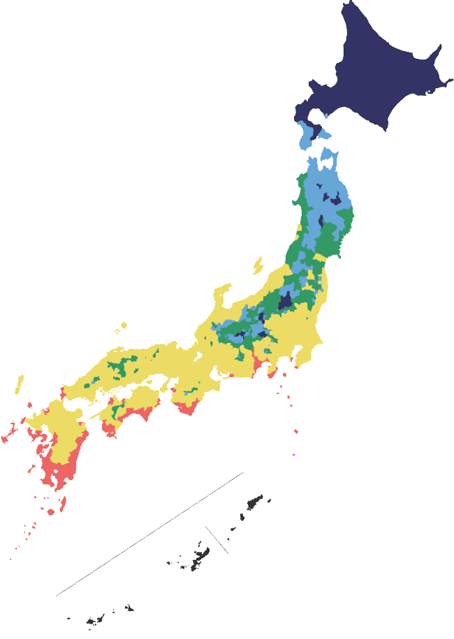地域区分の色分布：日本地図上の色分け