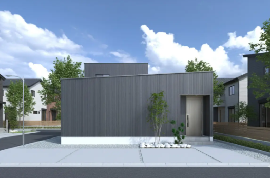 <h4 
<div 
<p>メタリックで無骨、けれど優しい黒が採用されました。</p>
<p>光の加減で表情を変える“いぶし銀”の外壁が、シンプルな中にも品のある佇まいを生み出します。</p>
</div>
