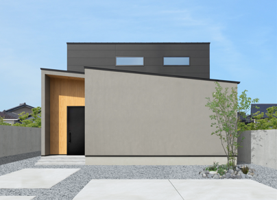 <h4 
<div 
<p>２階部分はメンテナンスが少ないガルバリウム鋼板を使用し、ランニングコスト面も考慮された素材選定がなされています。</p>
<p>窓の位置や玄関とのバランスも考慮し、線を意識したファサードデザインを追求しています。</p>
</div>
