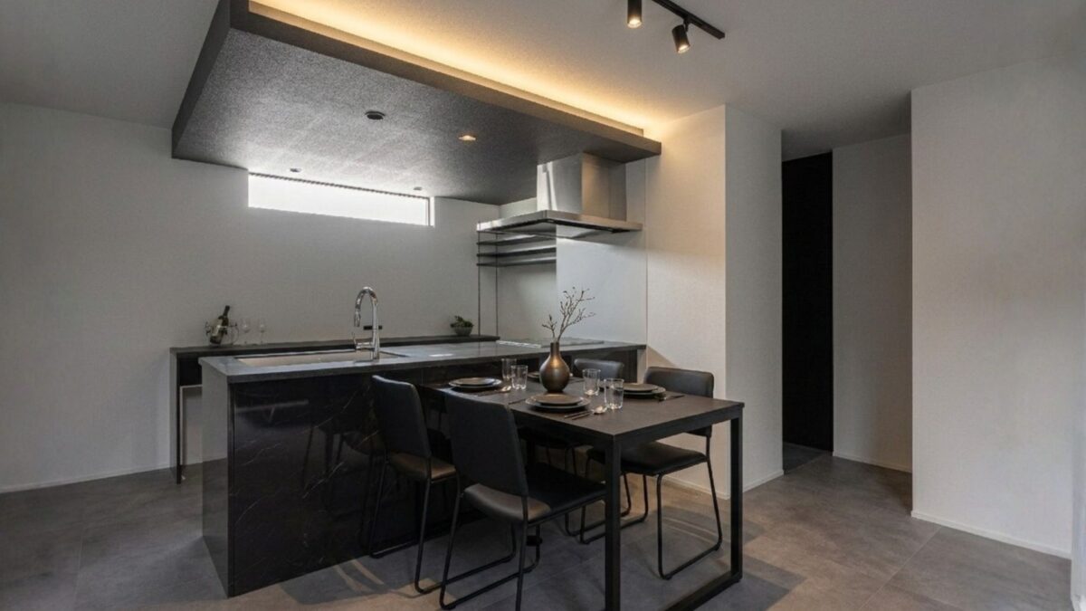 <p>グレートーンにまとめられたLDK空間の中、キッチンは吊り下げ天井を採用。</p>
<p>間接照明がアクセントとなり、ホテルライクを演出してくれます。</p>
