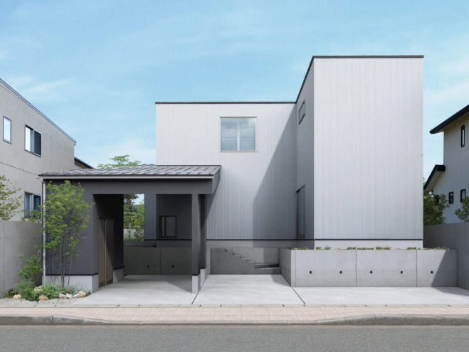 <p data-start="49" data-end="175">白を基調としたシンプルな箱型のフォルムは、流行に左右されない凛とした佇まい。装飾を控えたデザインだからこそ、住まい手の暮らしそのものが主役になる、そんな余白を感じさせます。</p>
<p data-start="177" data-end="302">道路側からの視線をやわらかく遮るように設けられたカーポートとアプローチは、日々の出入りを自然に、そして安心感のあるものに。また、高低差を活かした外構計画や、必要なところにだけ配置された窓からは、外に閉じすぎず、内にこもりすぎない現代的な暮らし方への配慮が伝わってきます。<br data-start="382" data-end="385" />派手さはないけれど、長く住むほどに「この家でよかった」と感じられる——そんな共感を呼ぶ外観です。</p>
